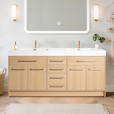 Runave 71 inch Bathroom Vanity with Double Sink, Large Storage Freestanding Bathroom Vanity with 6 Drawer & 4 Door, Soft Closing, Original Oak Vanity, Smooth Sink, Pre-Assembled Cover