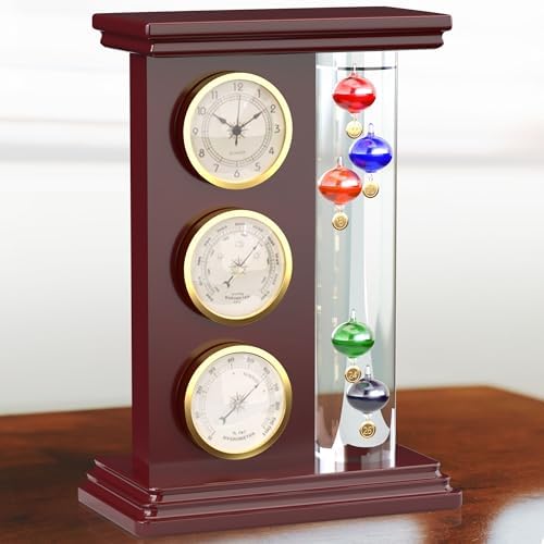 Galileo Thermometer with Quartz Clock (Gold), Analog Barometer & Hygrometer, Galileo Weather Station Measures Temperature, Glass Wood Frame Galileo Thermometer for Indoor & Outdoor Home Décor