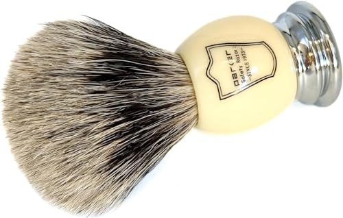 Image of Parker Pure Badger Shaving Brush with Faux Ivory & Chrome Handle + Stand | 22mm Knot for Rich Lather | Handcrafted Shaving Tool for Cream or Soap | Classic Wet Shaving Brush | Iconic Brand