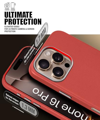 Image of WOW IMAGINE Back Cover for iPhone 16 Pro | Shockproof Tough Leather Texture Hard Mobile Case | Ultra Slim Non-Slip Grip | Inner Velvet Fabric | Metal Camera Ring - Crimson Red