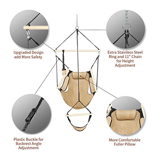 Oncloud Upgraded Unique Hammock Hanging Sky Chair, Air Deluxe Swing Seat With Rope Through The Bars Safer Relax With Fuller Pillow And Drink Holder Solid Wood Indoor/Outdoor Patio Yard 250Lbs #TOP1