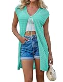 Lightweight Long Vest Cardigan for Women Sleeveless Tie Front Crochet Cardigan Summer Cardigans for Women Trendy Turquoise L