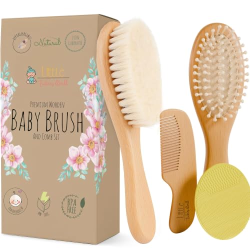 Image of Little Tinkers World Wooden Baby Hair Brush and Comb Set, 4-Piece | Natural Wooden Set with Soft Goat Hair Bristle Brush, Beech Wood Massage Brush, Maple Wood Comb & Soft Silicone Scalp Brush