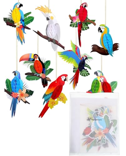 Spakon 9 Pieces Tropical Birds Honeycomb Paper Cutouts Rio Luau Party Hanging Decorations Rainforest Hanging Paper Birds Hawaiian Parrot Honeycomb Cutouts for Luau Party Decor