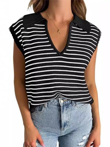 Women's Casual Sleeveless Striped Pullover Sweaters V Neck Lapel Sweater Vests 2025 Fall Clothes