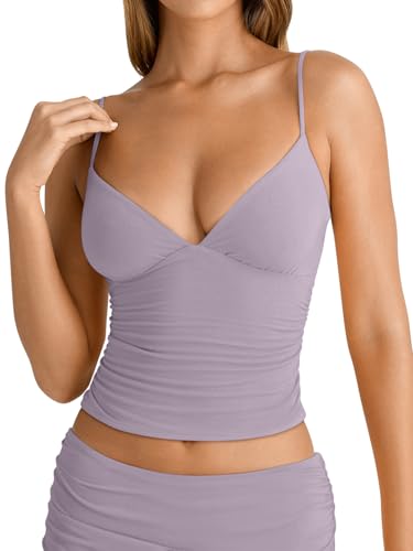 Image of PINKMSTYLE Women's Sexy V Neck Ruched Cami Top Sleeveless Spaghetti Double Layer Fitted Crop Tank Tops