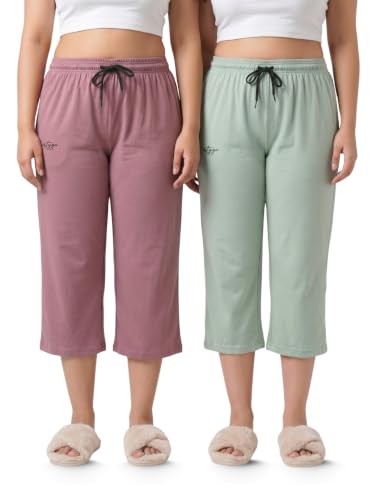 Image of Fflirtygo Women's Cotton Plain Calf Length Capri | Nightwear Short Pyjama | 3 /4th Solid Pyjama Pant | Regular Fit Casual & Lounge Wear Capri Combo (Pack of 2)