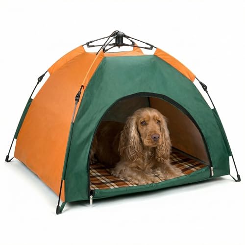 QWORK® Tienda de campaña Plegable para Perros (Uso Exterior) con cojín, Repelente al Agua, 80 x 77 x 70 cm, Altura de Entrada 37 cm, para Mascotas de tamaño pequeño a Mediano