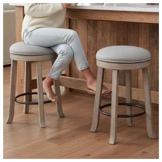 LukeAlon Farmhouse Linen Fabric Round Bar Stools Set of 2, 360° Swivel 25.6” Counter Height Stools with Solid Wood Legs Backless Low Barstools with Footrest for Home Bar Kitchen Island, Grey