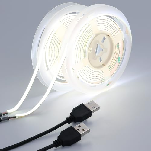 GOMING 5V COB USB LED Strip Light Cool White 6000K 5mm Width USB Powered 4M(2pcs x 2M) 400LEDs/M CRI 93+ Flexible High Brightness IP20 Not Waterproof LED Tape Lights for DIY Decoration Lighting
