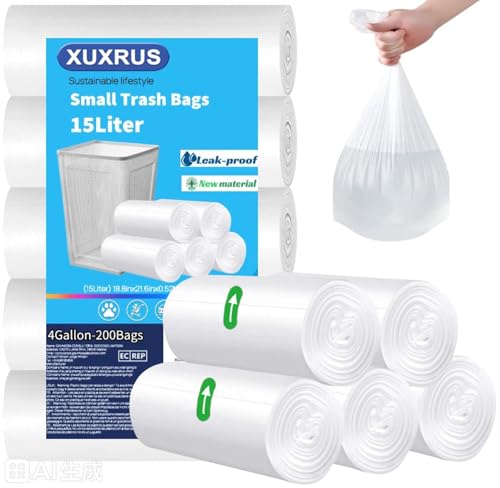 200 Bolsas de Basura Pequeñas 15L Transparentes, Resistentes y Antifugas para Baño, Cocina, Dormitorio y Oficina, 48 x 55 cm