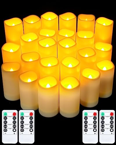 Funtery 24 Pcs Waterproof LED Candles with 4 Remote and Timers, Outdoor Flickering Flameless Candles Realistic Battery Operated Pillar Candles for Wedding Halloween Christmas Home Decorations, 4 Sizes