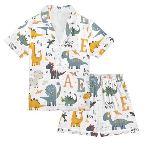 ALAZA Dinosaur Alphabet White Pajamas Satin Pajama Set Short Sleeve Button Down Sleepwear