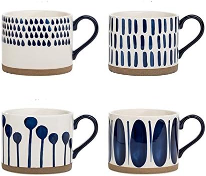 Koja Hand Painted 15 oz. Porcelain Ceramic Mugs Set. Service for 4.