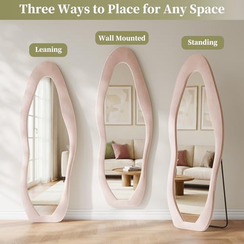 Koonmi 24"x63" Irregular Mirror Full Length, Flannel Floor Mirrors, Full Body Standing Mirror Wall Mounted with Flannel Wrapped Frame for Bedroom & Living Room, Pink by Koonmi - Used condition - Image 7