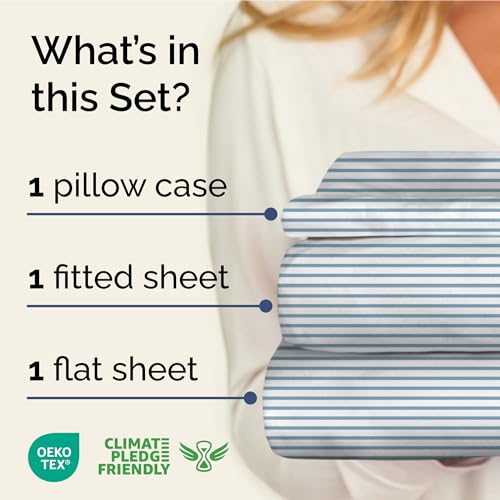 Image of Twin XL 3 Piece Striped Sheet Set - Breathable & Cooling - Ocean Stripe