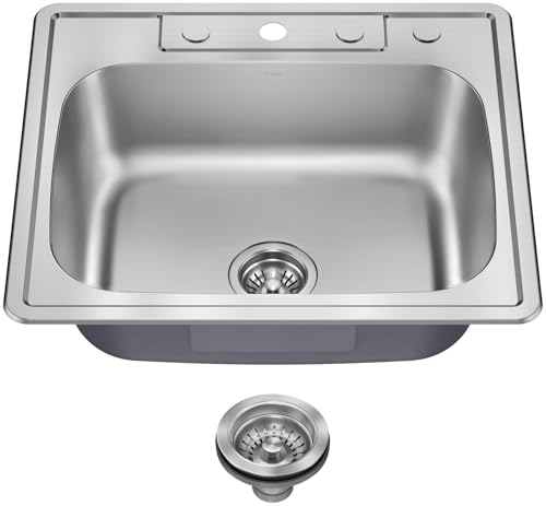 Image of KRAUS Premier 25-inch Drop In /Top Mount Single Bowl 18-Gauge Stainless Steel Kitchen Sink with Strainer, KTM101-25