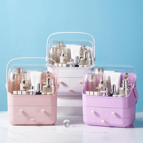 SUNFICON Makeup Holder Organizer with Lid Purple Cosmetic Storage Case Beauty Essential Box Dust Free Waterproof Cover Portable Handle Fully Open Drawers Bathroom Countertop Bedroom Dresser