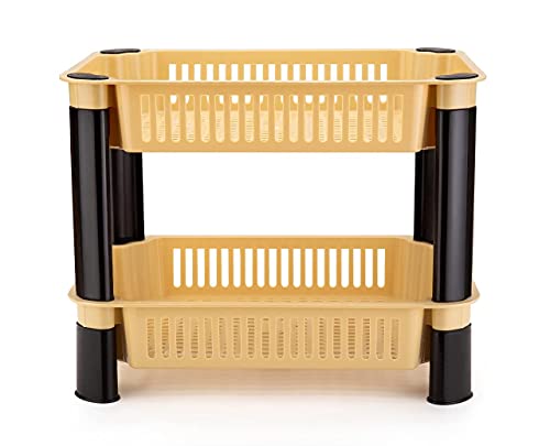 Image of Black Olive Plastic Storage Organiser Rack - Multipurpose 2 Layer Kitchen Shelf Stand with Vegetable Baskets for Potato, Onion, Books & Stationery, Space Saving Storage Rack for Home, Office & Balcony
