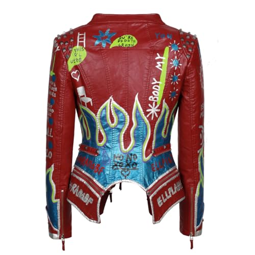 Fashion SX Women's Punk Floral Embroidered short Faux Leather Jacket Hand-painted Moto PU Coat4