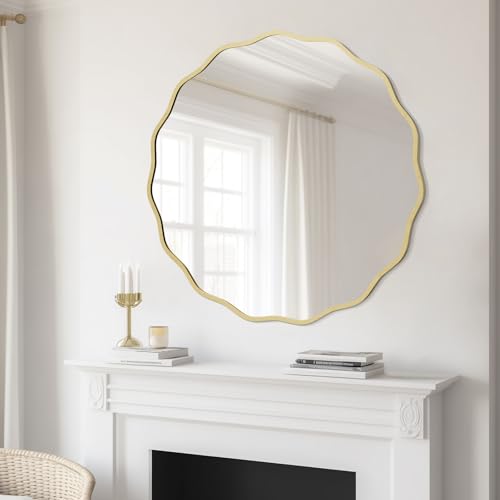 Image of WallBeyond Round Wavy Mirror for Wall Decorative 32 inch, Modern Round Mirror Aluminum Frame for Bathroom Bedroom Living Room Home House Office Entryway, Gold