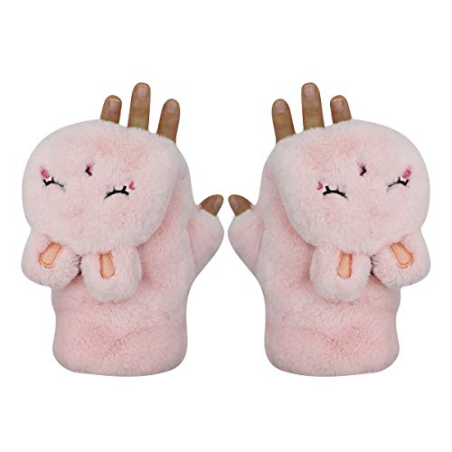 RARITYUS Women Girls Gloves Warm Soft Cute Cartoon Plush Convertible Flip Top Winter Fingerless Thick Mittens for Teen4