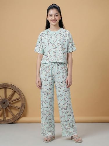 Image of Li'l Tomatoes Girls Cotton Night Suit Set | 100% Cotton Summer Co-Ord Set | Half Sleeve T-Shirt & Full Length Pajama | Soft & Breathable Printed Clothing Set | 9-16 Years
