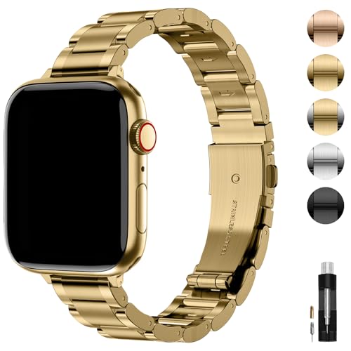 wutwuk Schmales Metall Armband Kompatibel mit Apple Watch 42mm(S11/10) 41mm 40mm 38mm Damen Slimes Edelstahlarmband Dünnes Ersatzarmband für iWatch SE 3 2 1 Series 11 10 9 8 7 6 5 4 3 2 1 Gold