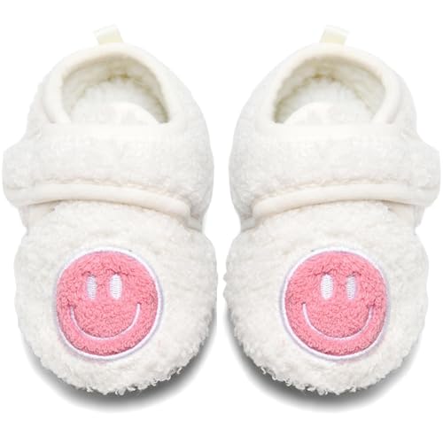 Image of LMRENCE Toddler Smiley Face Slippers Boys Girls House Indoor Non Slip Shoes Warm Cozy Socks for Baby Kids, 3.5-4.5 Infant, White & Pink, XLTX-009