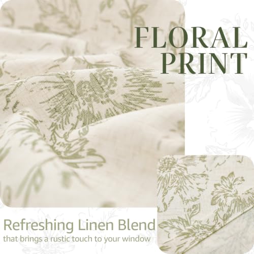 Image of jinchan Alice Floral French Door Curtain Farmhouse Linen for Sliding Glass Door 72 Inches 1 Panel with Tieback Light Filtering Curtain for Window Patio Rod Pocket Green on Linen