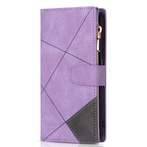 Coque iPhone 13 Pro Max violette en cuir avec portefeuille magnétique