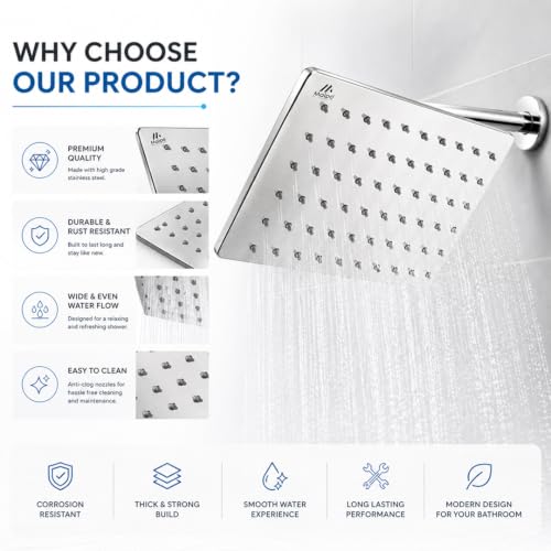 Image of Maipo Ultra Slim 8 Inch Square Rain Shower Head, Stainless Steel (SS) High Pressure Overhead Bathroom Shower Head, Chrome Finish, Anti-Clog Silicone Nozzles, Easy Installation