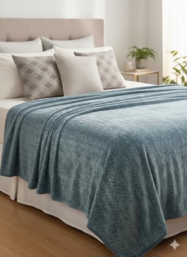 Image of Florida Solid Embossed Flannel Blanket, 320 GSM Ultra-Soft All-Season AC Blanket (Double, Blue)