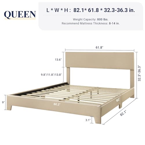 Allewie Queen Size Bed Frame with Adjustable Headboard, Upholstered Platform Bed with Wood Slats, Heavy Duty Mattress Foundation, No Box Spring Needed, Noise-Free, Easy Assembly, Beige