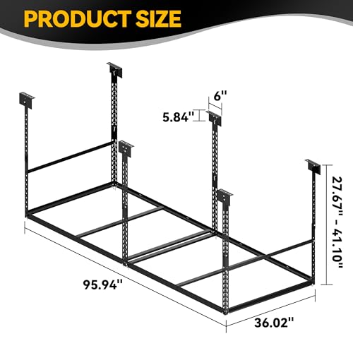 Image of 3x8 Ft Overhead Garage Storage Rack, 28-41 inch Height Adjustable Ceiling Mounted Organization Rack, 850 lbs Weight Capacity, 36 inchx96 inch Heavy Duty Space-Saving Metal Rack for Garage Storage