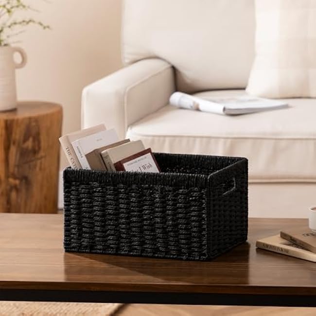 joybest Black Wicker Storage Baskets, Hand-Woven Paper Rope Wicker Baskets for Organizing, Foldable Rectangular Storage Organizer Bins for Shelves with Built-in Handles 13.4L x 8.3W x 7.1H Set of 2