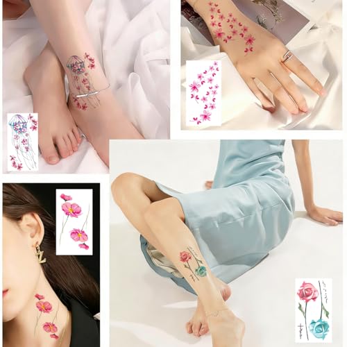 Image of MAYCREATE 30 Sheets Temporary Tattoo for Women Multi-colored Flower Tattoo Sticker Realistic Floral Fake Body Tattoos Wildflower Party Makeup Stickers for Women Girls