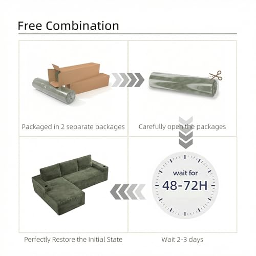Image of 104 inch L Shaped Boneless Sectional Couches for Living Room, Comfy Corduroy Floor Cloud Sofa with Chaise and Cup Holder, Wide Armrest, Deep Seat, Assembly Free, Ideal for Small Spaces, Green