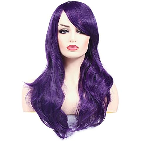 Morvally 23" Long Wig Big Wavy Heat Resistant Synthetic Straight Hair with Bangs for Cosplay Costume Halloween Party (Purple) Cover