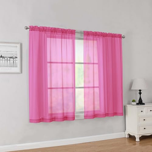 Image of Simplebrand Hot Pink Short Sheer Curtains 45 Inch Length for Small Windows, Rod Pocket 2 Panels Set Solid Voile Drapes Window Sheer Curtains for Bedroom Bathroom Kids Room Kitchen, 42x45 Inch