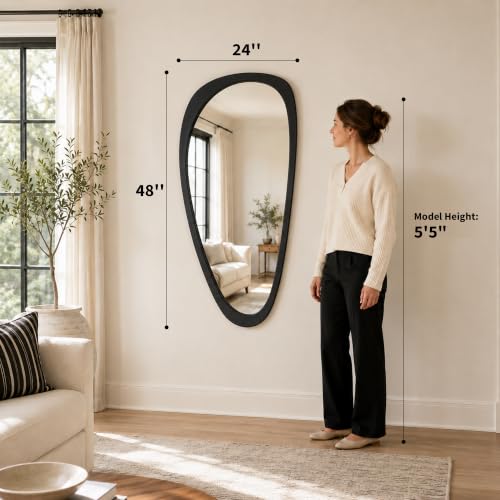 Image of Solid Wood 48x24 Matte Black Large Organic Irregular Wall Mirror | Large black statement adds modern contrast to bedroom walls, hallways, entryways, living rooms, dresser decor, black accents.