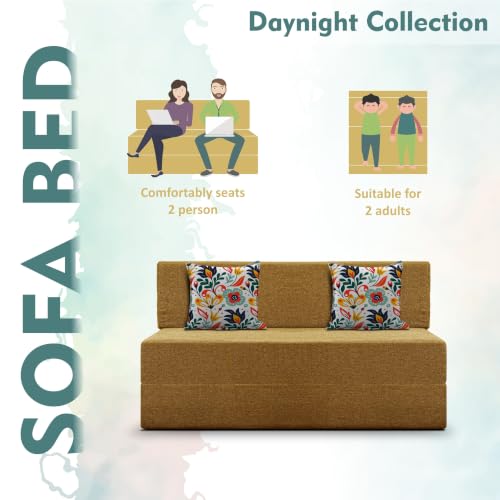 Image of Los Angeles Foldable Two Seater Sofa Cum Bed, Sofa Bed 4 X 6 Feet Jute Fabric Washable Cover- Including Cushion Perfect for Living Room - Golden