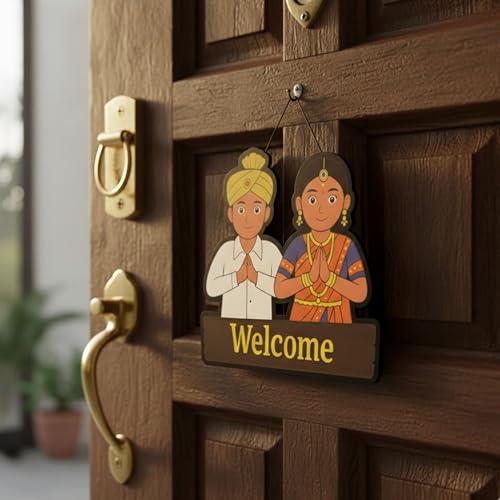 Image of EXPLEASIA Welcome Traditional Couple Decorative Wall Hanging Wooden Art Decoration Item for Home | Office | Living Room | Decoration Items| Home Decor| Wall Art | Wall Decoration (Multicolor)