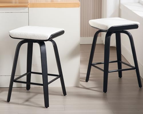 Image of HNY 26 inch Swivel Bar Stools Set of 2, Backless Counter Height Bar Stools with Removable Boucle Cushion, 360 Swivel Wooden Saddle Stools with Footrest for Kitchen Island, Home Bar & Small Spaces, White