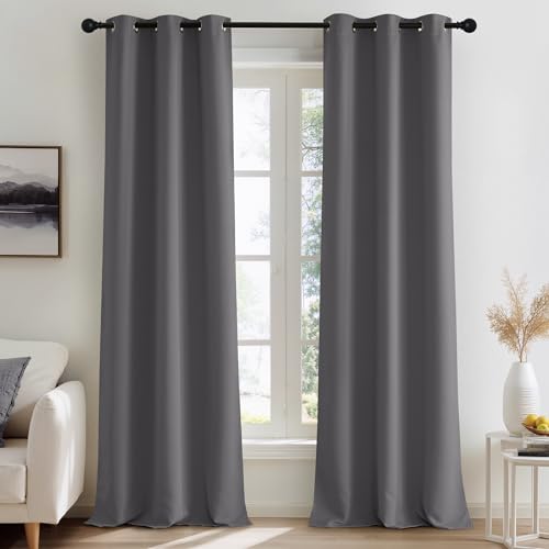 Image of NICETOWN Grey Light Blocking Curtains 90 Inches Long 2 Panels for Living Room, Bedroom, Office Thermal Insulated Blackout Drapes Solid Grommet Noise Reducing Window Curtains, W40
