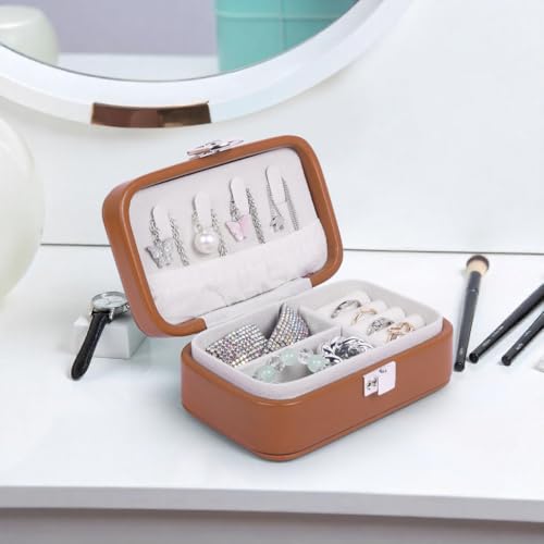 Image of BucketList PU Leather Jewellery Organizer Box with Ring Slots & Necklace Hooks | Compact Jewelry Storage Case with Secure Lock (Travel Jewellery Box Rectangular (Caramel))