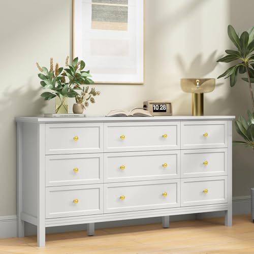 CARPETNAL 9 Drawer White Dresser for Bedroom with Deep Drawers, Large Dressers & Chest of Drawers With Gold Handle, Modern Long Dressers for Closet Bedroom, Living Room (59.25\" W x 15.75\" D x 30.9\" H)