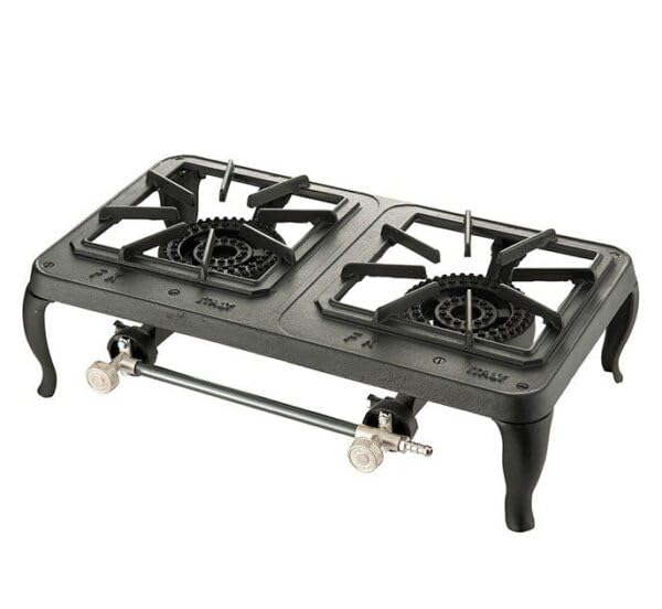 FOKER Réchaud à Gaz 2 Feux Mod. Europa en Fonte Peinte, Puissance 8 kW, Consommation 580 g/h, Butane/Propane, Idéal pour Camping et Extérieur, Fabriqué en...