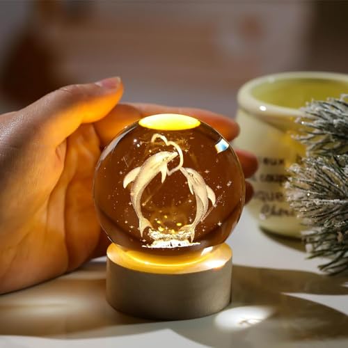 Image of 3D Dolphin Crystal Ball LED Night Lamp, Engraved Ocean Theme Night Light with Wooden Base, Soft White Table Lamp for Bedroom, Kids Room, Gift (Dolphin)