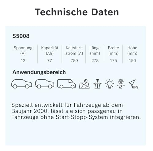 Bosch S5 008 Autobatterie 77 Ah – 780 A – 12 V für Fahrzeuge ohne Start-Stopp